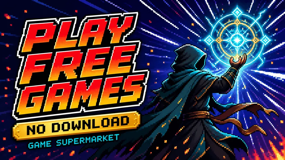 Pixel-art banner: an anime hero powering up in a cyan and gold energy aura, next to the words Play Free Games.